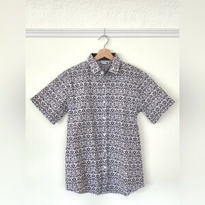 white cotton with grey gray green folk print short sleeve shirt